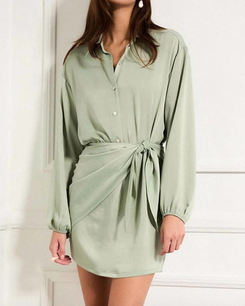 Front of a model wearing a size LG Playa Dress in Sage Green in Sage Green by R.G. Kane. | dia_product_style_image_id:345465